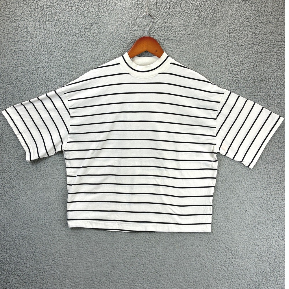 COS Striped Mock Neck T Shirt Womens S White Black Oversized Boxy Minimalist